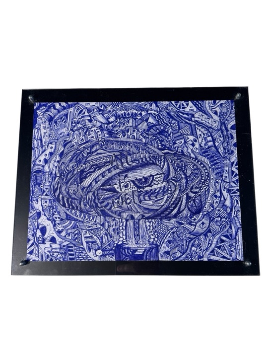 Other - Framed Blue Ink Abstract Drawing “All Is Well” ORIGINAL Signed Psychedelic